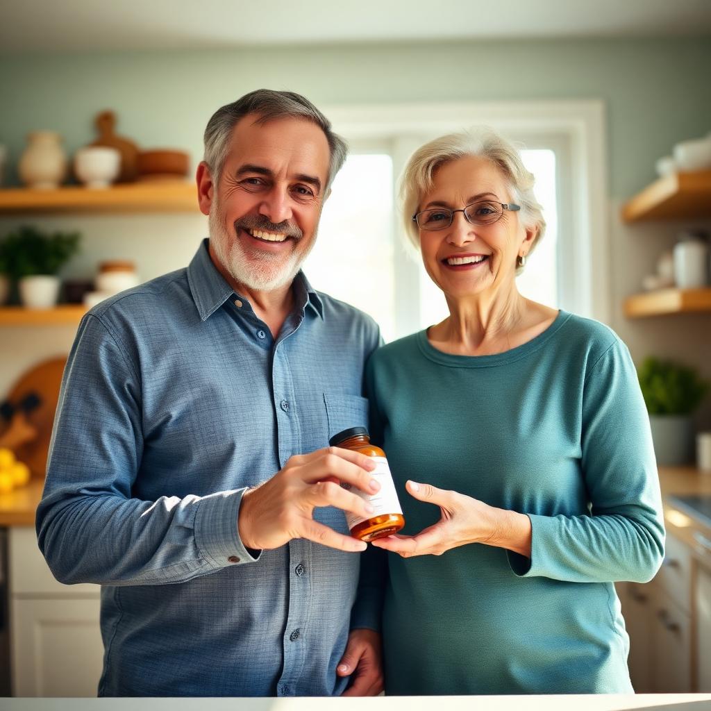 Happy Canadian couple holding a bottle of Vital Hemp Gummies in their kitchen