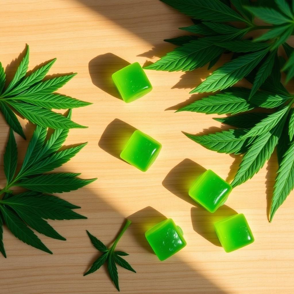 Vital Hemp Gummies with fresh hemp leaves on a wooden table